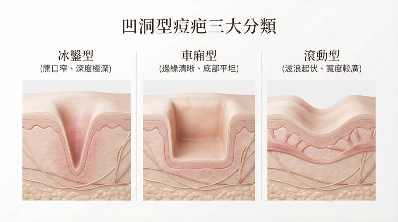 凹洞型痘疤依形態主要分為三類