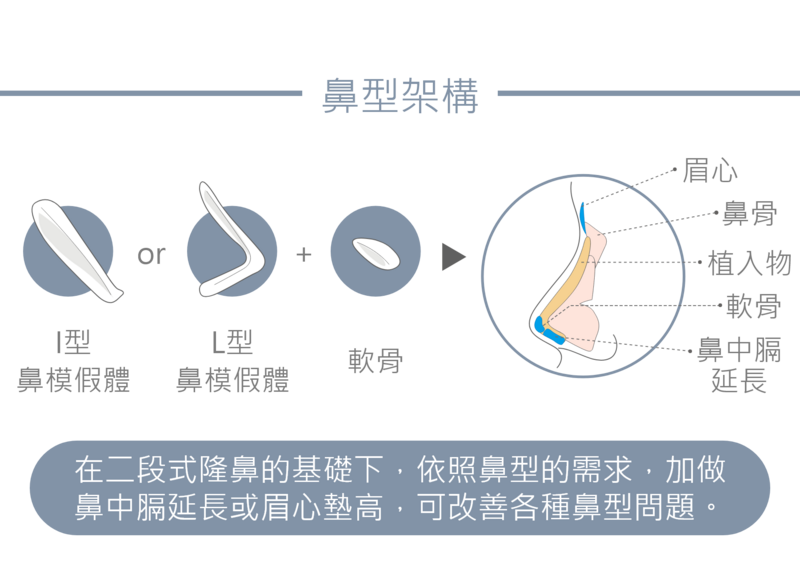 立體且精緻的鼻型也有黃金比，鼻子長度應佔整臉的1/3，鼻尖至人中和人中的切線約90~95度；對於鼻頭渾圓(蒜頭鼻)、沒有鼻尖或朝天鼻的個案來說，光澤診所的整形醫師會依患者本身的鼻型及臉型塑造完美鼻型。以I型或L行鼻模假體在二段式隆鼻的基礎下，依照鼻型的需求加做鼻中膈延長或眉心墊高，以客製化隆鼻方式改善客戶的鼻型困擾。