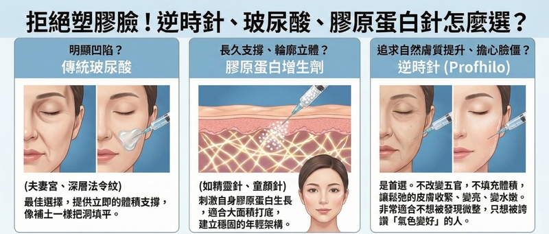 我們擁有完整的抗老武器庫。醫師會根據您的骨骼流失、軟組織鬆弛程度，規劃以「逆時針」改善膚質彈性，搭配「光電雷射」或「填充劑」修飾輪廓的客製化方案。