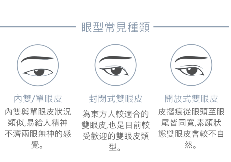 許多諮詢雙眼皮手術的人，是因為自身的單眼皮或內雙讓眼神不夠明亮，對眼型不滿意而尋求改善；依照個人五官特色，術後可以改善為封閉式雙眼皮(扇型雙眼皮)，或是開放式雙眼皮(歐式外雙)。