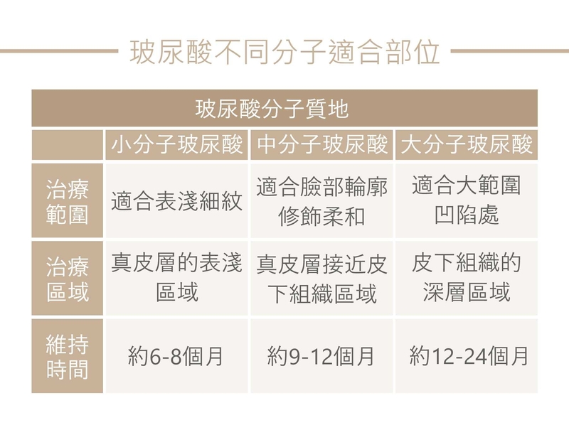 不同分子大小的玻尿酸劑，針對不同的肌膚困擾進行改善；微絲朗 注射於其皮屑最上層粒子大小:20萬分之l/ml針對非常微細及表層紋路如眼部及唇部周圍、抬頭紋及笑紋；瑞絲朗 注射於其皮層中間部分粒子大小:10萬分之l/ml能修正中層皺紋及美化豐潤唇型如嘴角紋、魚尾紋、口周圍紋、抬頭紋、眉間紋等；玻麗朗 注射於其皮層最下層或皮下組織最上層粒子大小:萬分之l/ml針對深層皺紋及增加容積如豐滿臉頰及下巴修整、法令紋、增加唇部容量。