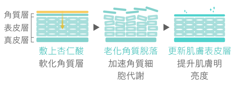 美容師會依照客戶的肌膚狀況，選用合適的杏仁酸濃度進行煥膚；杏仁酸在肌膚上會軟化角質層，使老化角質脫落並加速角質細胞代謝，更新肌膚表皮層並提升肌膚明亮度。療程中若有粉刺浮出肌膚表面，美容師也會協助清除。