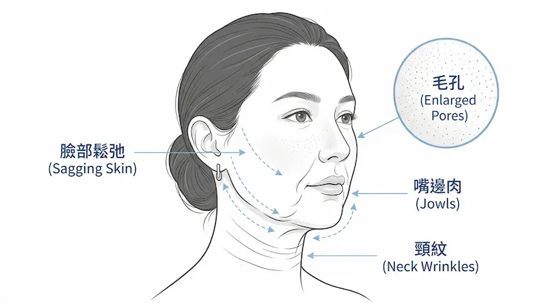 皇后電波藉由熱能刺激膠原蛋白收縮與新生，可全面改善因老化膠原流失造成的各類肌膚問題：